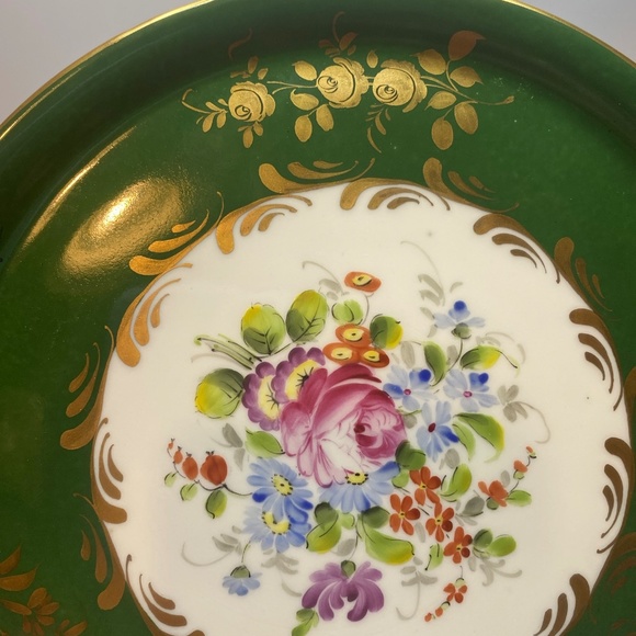 Two Vintage France Plates Hand Painted Floral Green & Gold Accents About 8” Wide - Picture 3 of 15